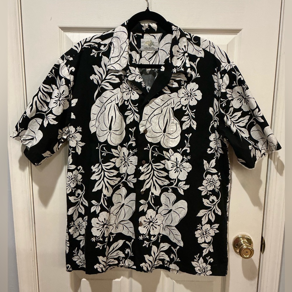 Beach Hawaiian Shirt Casual Black White Tropical Print HO ALOHA Mens Size L-XL